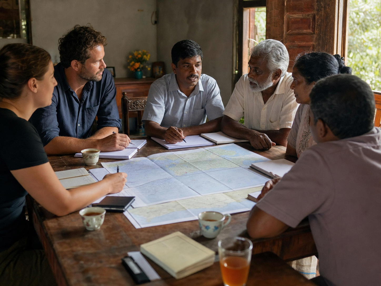 AI-generated charity volunteers meeting with community leaders