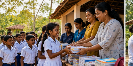 AI-generated children receiving school supplies