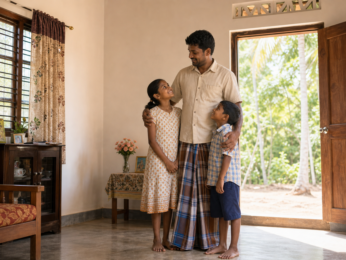 AI-generated family shelter impact scene